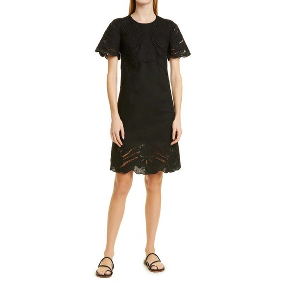 Kobi Halperin Lisa Embroidered Detail Linen & Cotton Dress Black Size XL NWT
